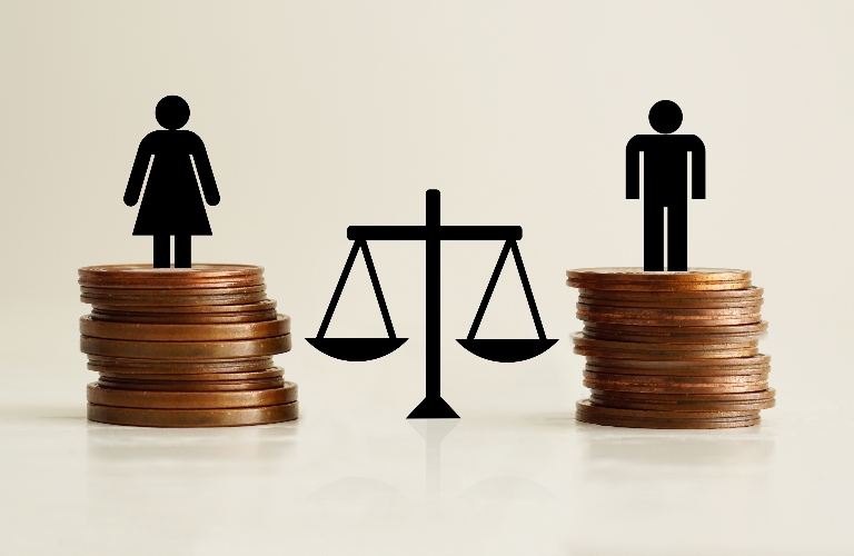 figures of people stand on equal parts of coins