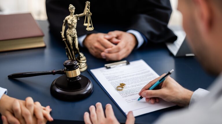 couple is consulting with a lawyer in court to sign a divorce agreement document