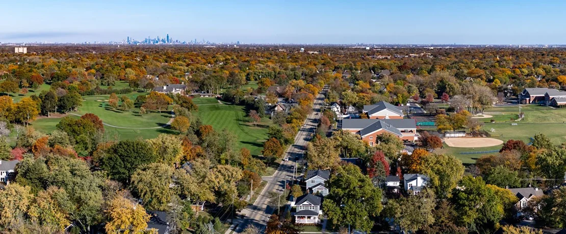 Aerial view of a city skyline featuring tall buildings, surrounded by trees and residential houses below.