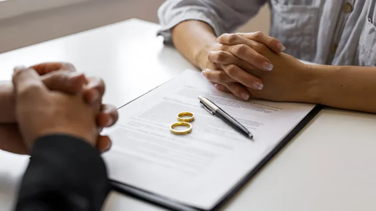 Two individuals with clasped hands seated at a table with a document, pen, and two gold rings.