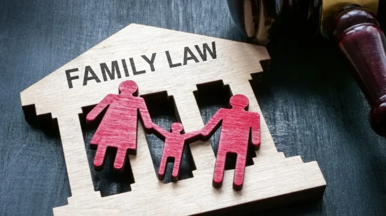 Wooden cutout of a family under a house labeled "Family Law" with a judge's gavel nearby.