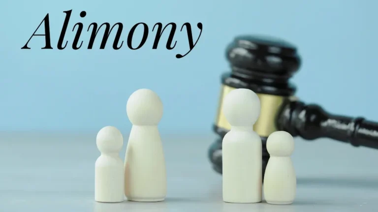 Four white wooden figurines representing a family, with a judge's gavel and the word "Alimony" on a blue background.