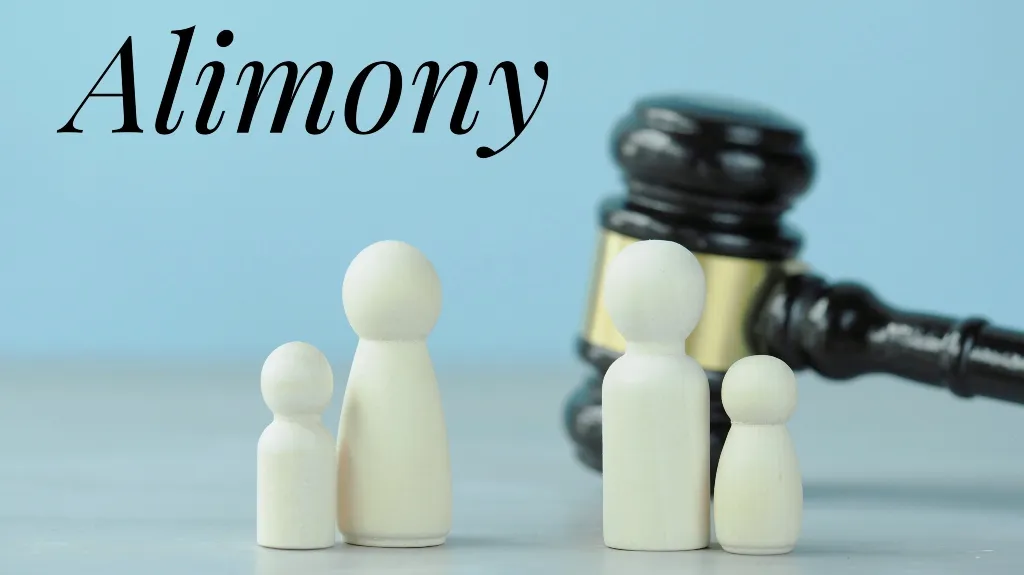 Four white wooden figurines representing a family, with a judge's gavel and the word "Alimony" on a blue background.