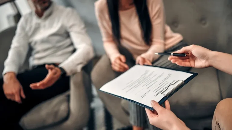 Couple seated on a couch discussing a contract held by a person with a pen.