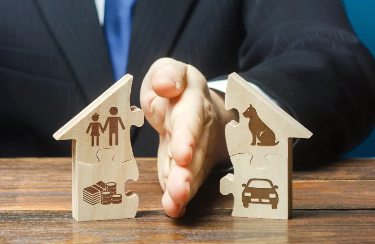 Person in suit separating two wooden house-shaped puzzle pieces with family, money, pet, and car icons.