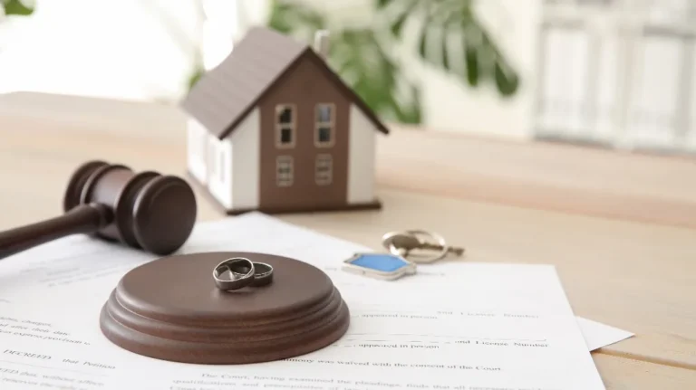 Two silver wedding rings on a wooden judge's gavel, house model, and keys on legal documents.