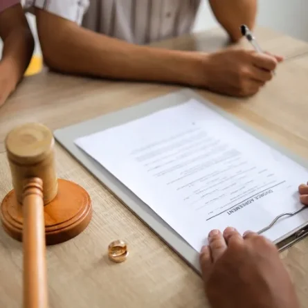 Attorney handing divorce documents to a husband and wife across a desk
