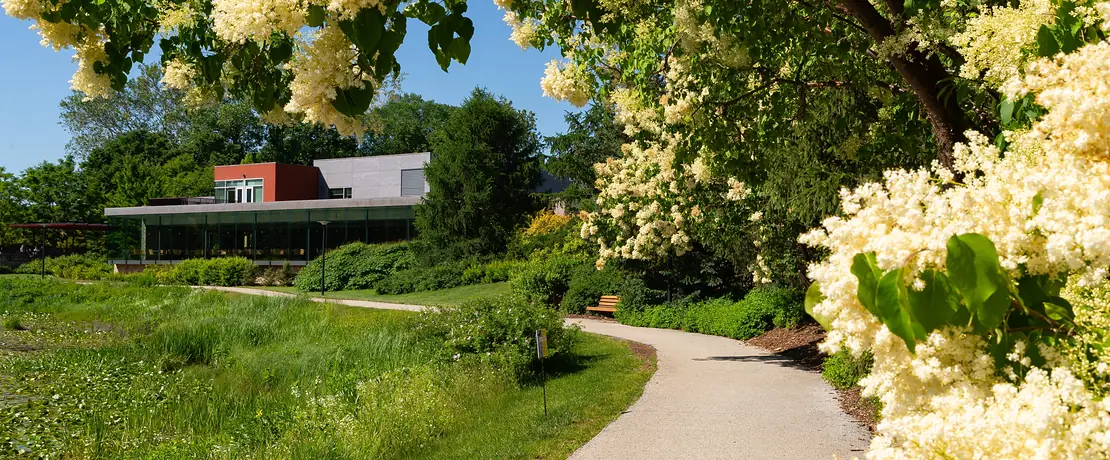 Walking path and visitor center at the Morton Arboretum in Lisle, Illinois