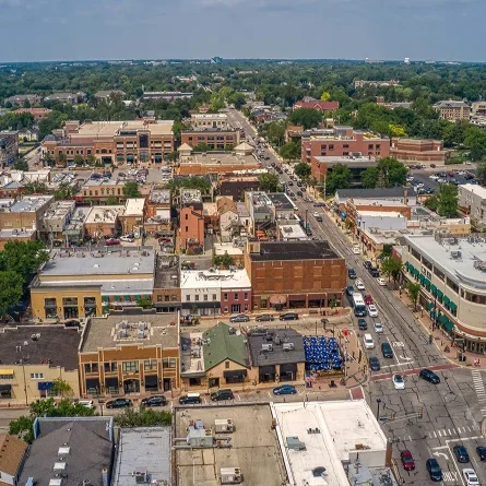 Downtown Naperville shops and streets seen from above