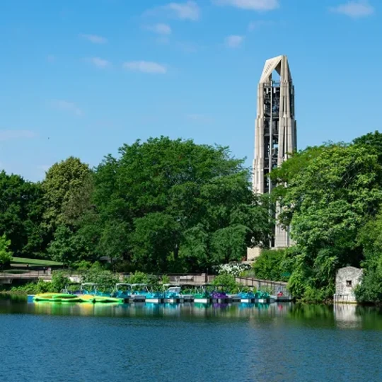 Moser Tower and the Millennium Carillon above the Naperville Riverwalk