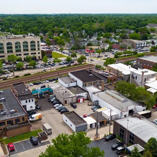 Aerial view of downtown Wheaton and the Metra tracks