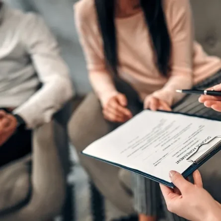 Lawyer reviewing divorce paperwork with a husband and wife