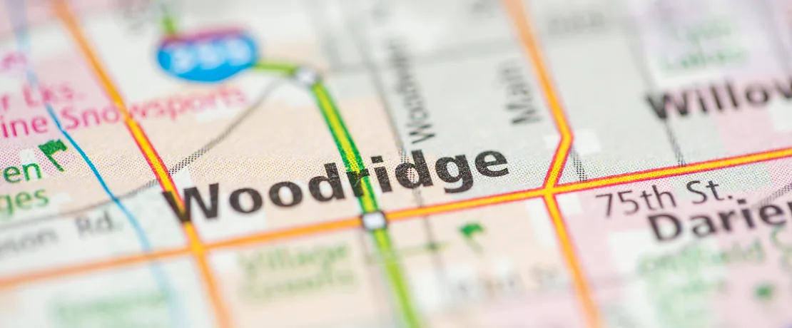 Road map showing Woodridge, Illinois and the surrounding DuPage County communities
